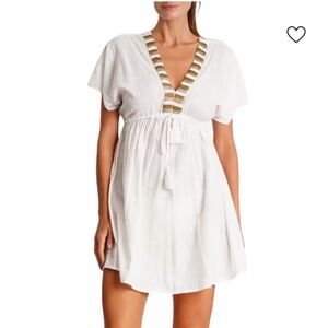 La Moda White V-Neck Swim Coverup with Metallic Beaded Trim